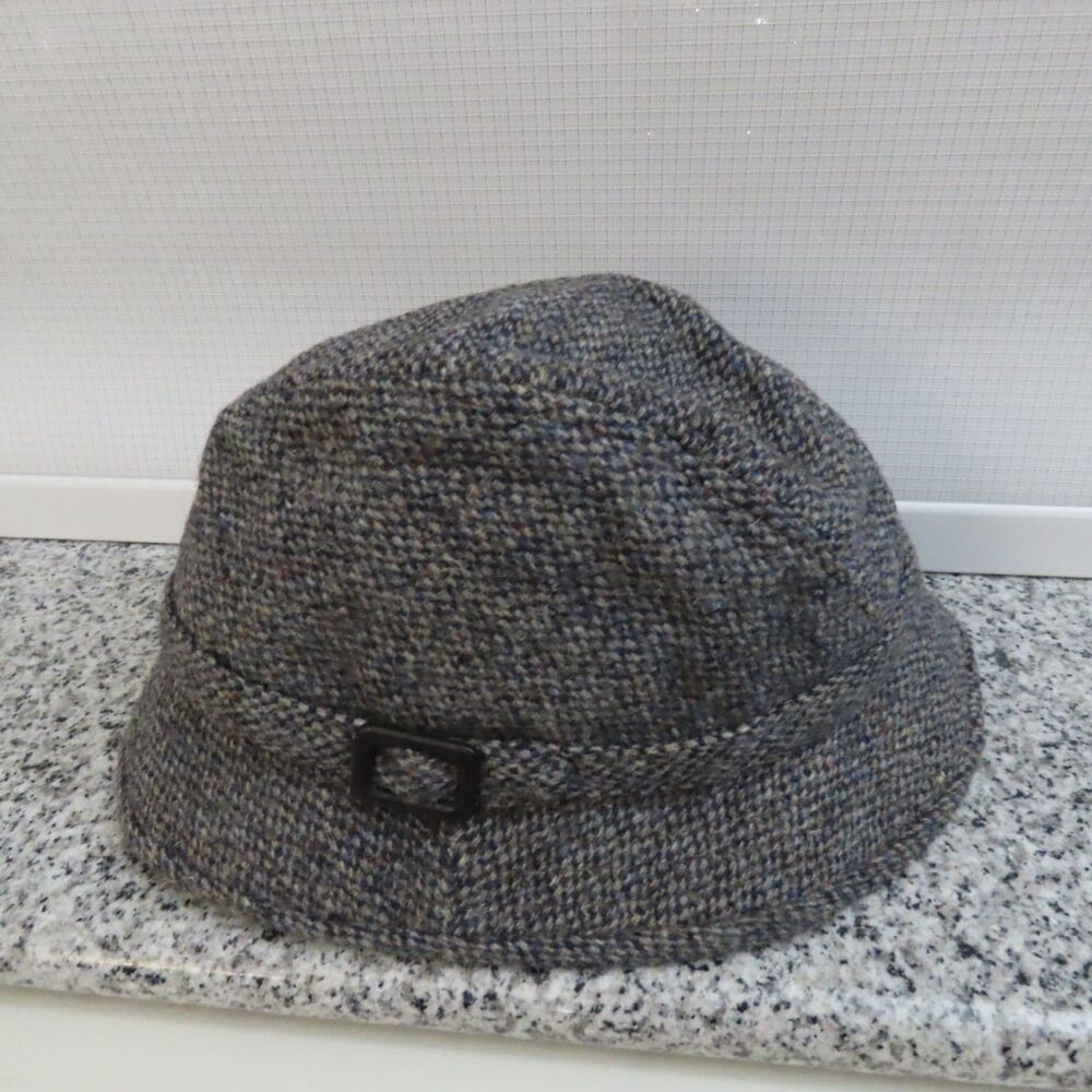 Vintage Harris Tweed Bucket Hat Grey Blue Multi Fleck Wool Size Medium Made in S